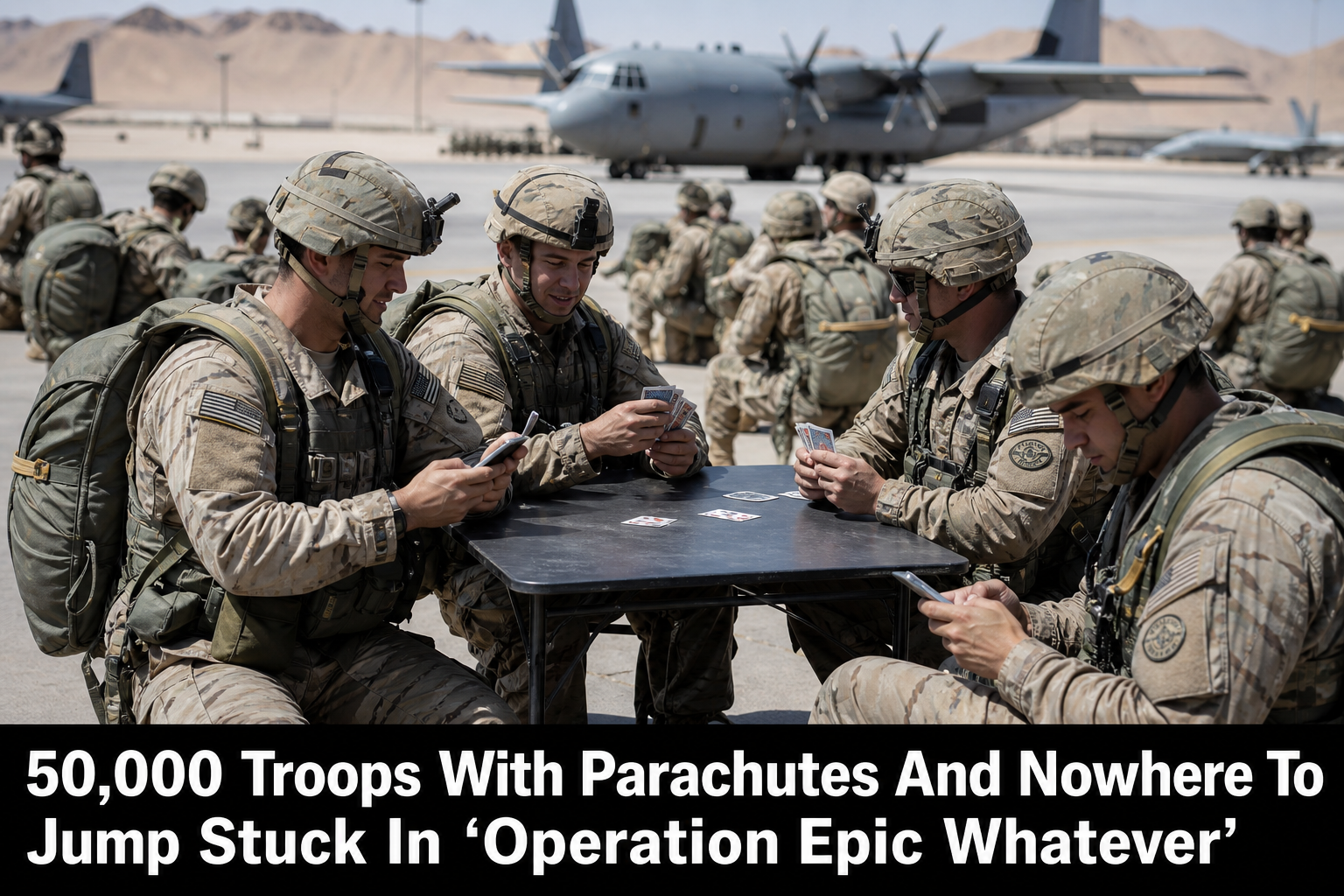 Illustration for: 50,000 Troops With Parachutes And Nowhere To Jump Stuck In ‘Operation Epic Whatever’