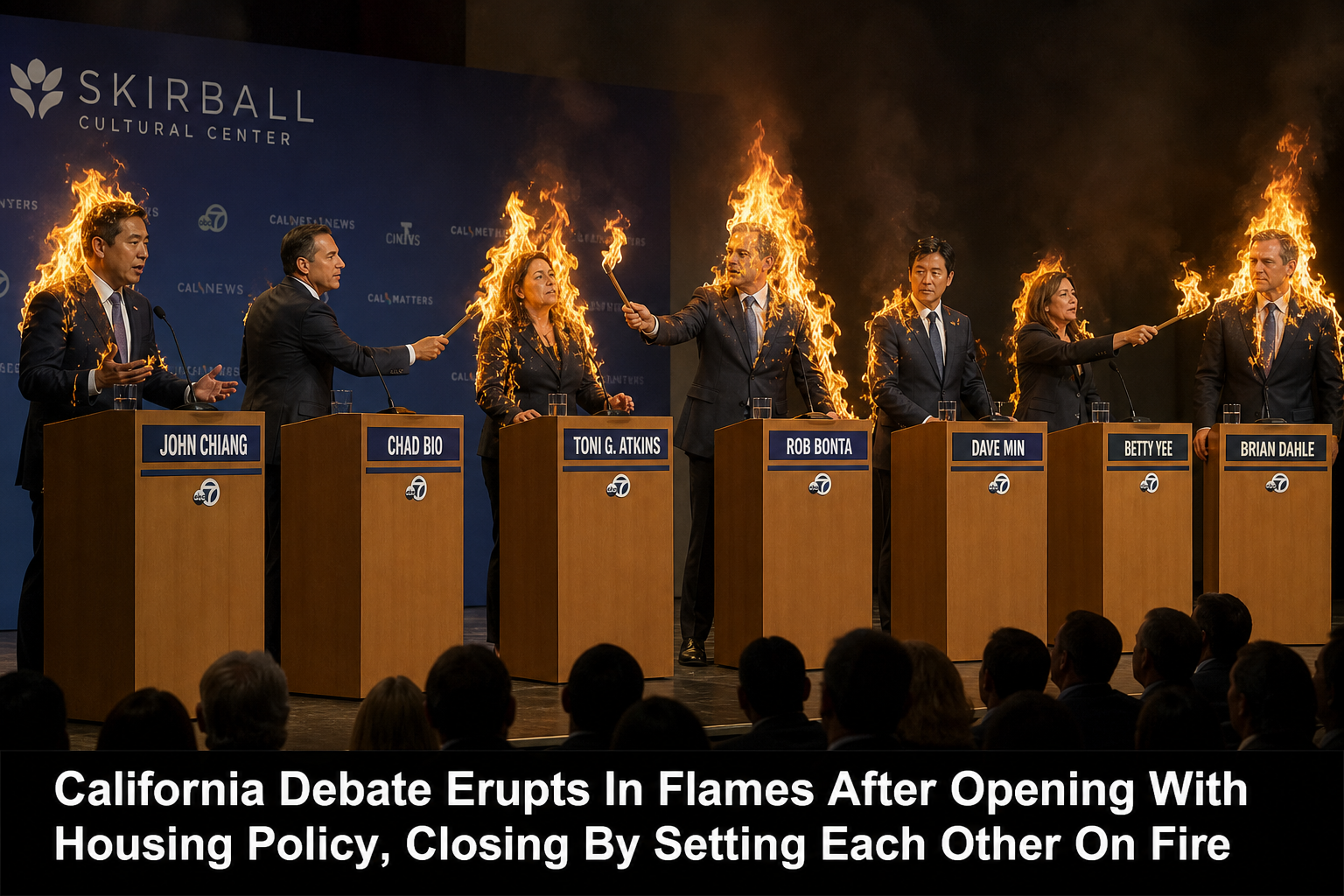 Illustration for: California Debate Erupts In Flames After Opening With Housing Policy, Closing By Setting Each Other On Fire