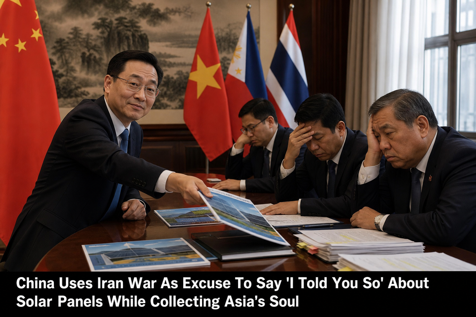 Illustration for: China Uses Iran War As Excuse To Say 'I Told You So' About Solar Panels While Collecting Asia's Soul