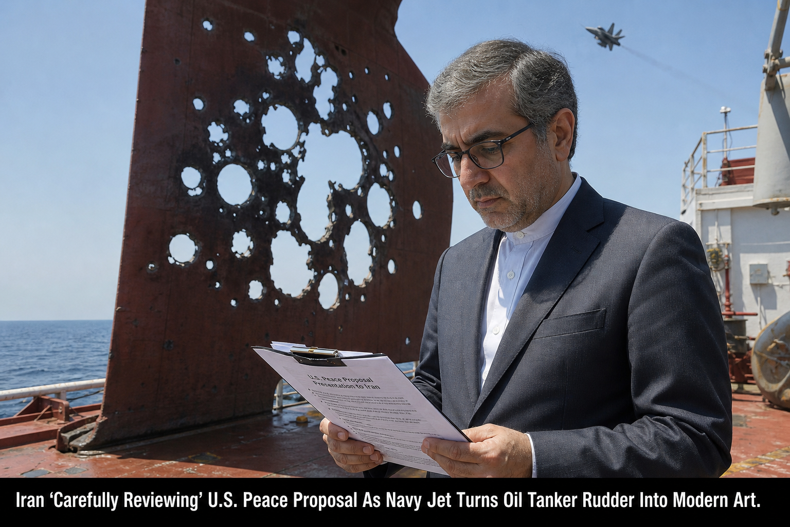 Illustration for: Iran ‘Carefully Reviewing’ U.S. Peace Proposal As Navy Jet Turns Oil Tanker Rudder Into Modern Art