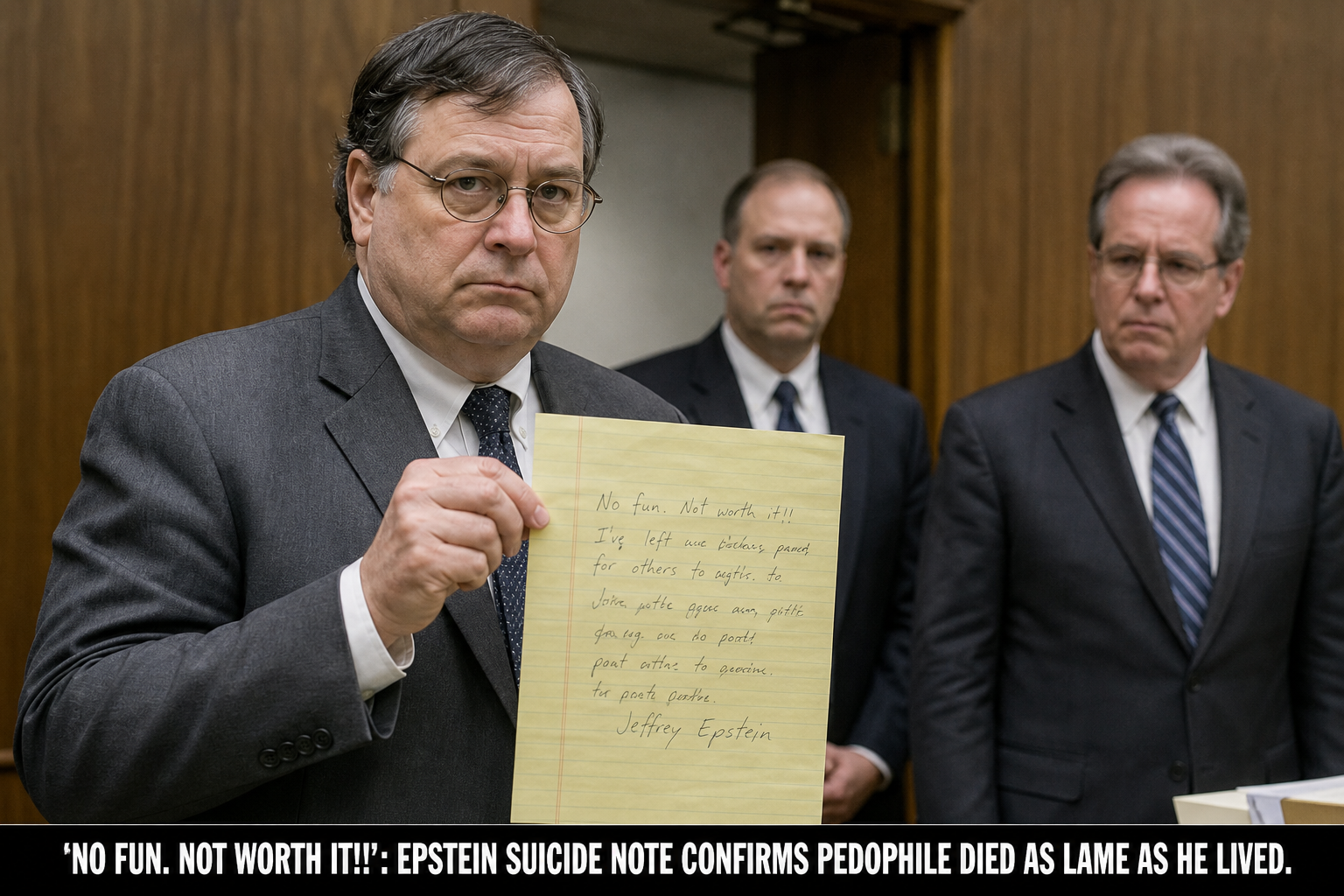 Illustration for: ‘NO FUN. NOT WORTH IT!!’: EPSTEIN SUICIDE NOTE CONFIRMS PEDOPHILE DIED AS LAME AS HE LIVED