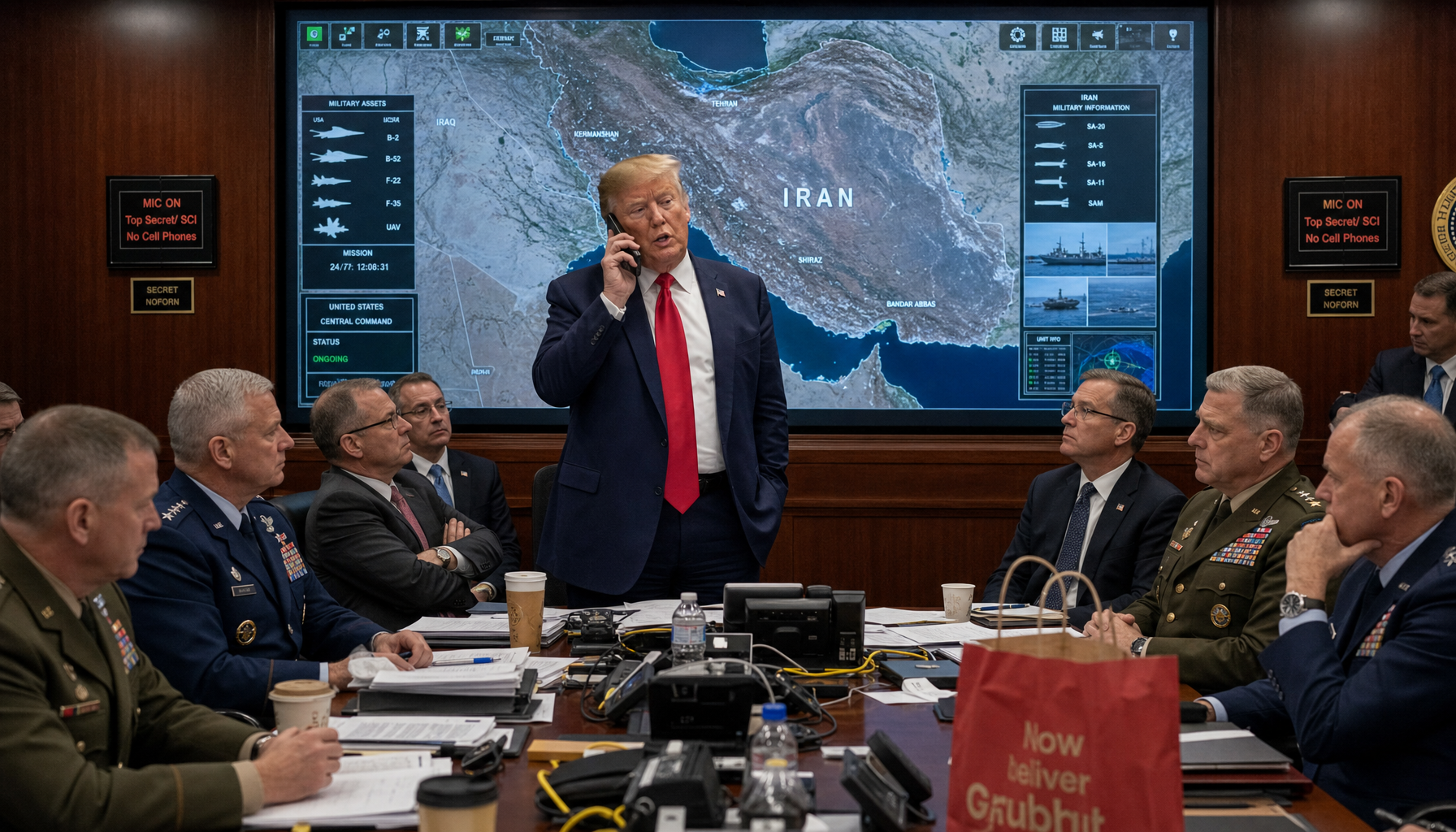 Illustration for: Trump Threatens Major Iran Attack Then Orders Takeout Instead