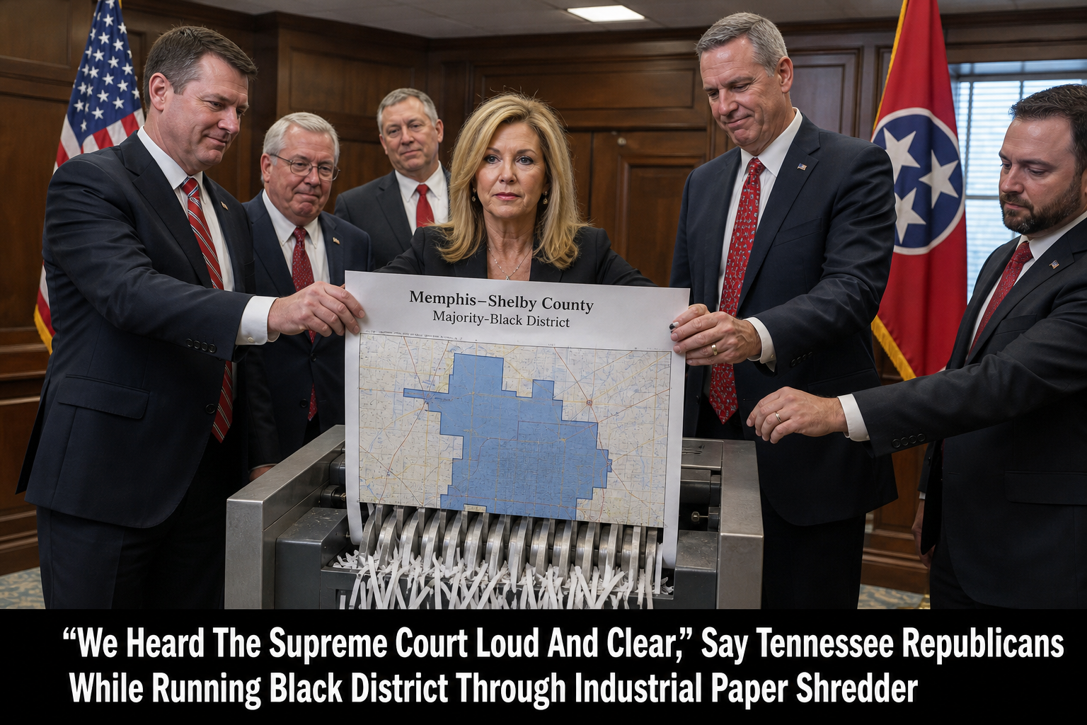 Illustration for: “We Heard The Supreme Court Loud And Clear,” Say Tennessee Republicans While Running Black District Through Industrial Paper Shredder